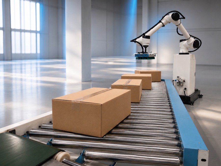 Karton na przenośniku przed robotem paletyzującym