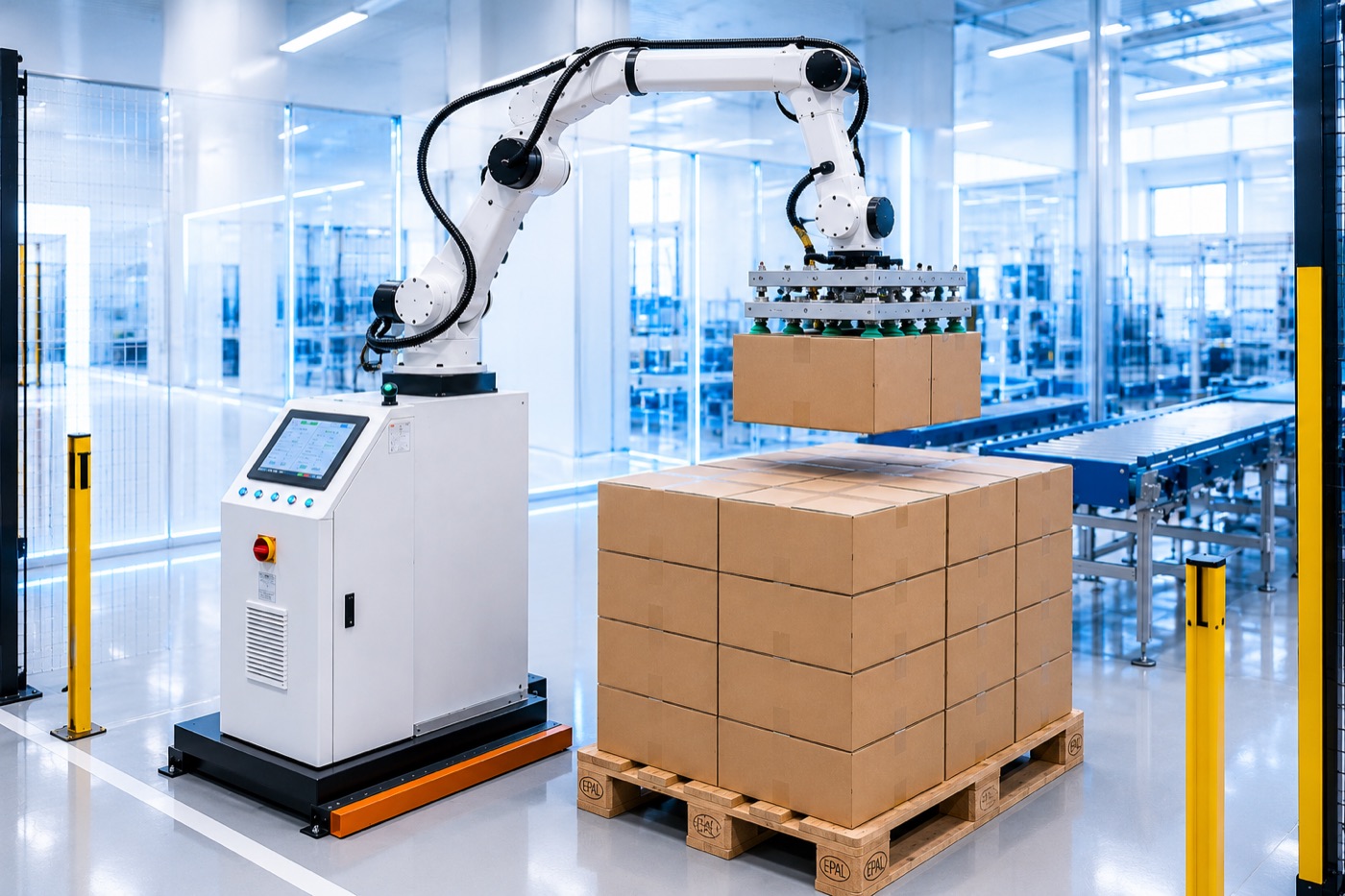 Biały robot SmartPallet odkładający karton na paletę
