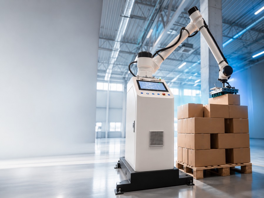 Operator przy stanowisku SmartPallet XZ-030 z robotem i paletą