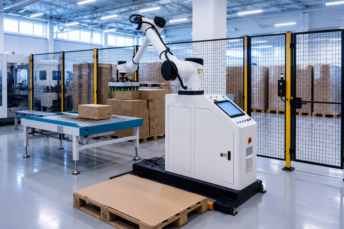 Robot SmartPallet XZ-030 pracujący przy transporcie rolkowym