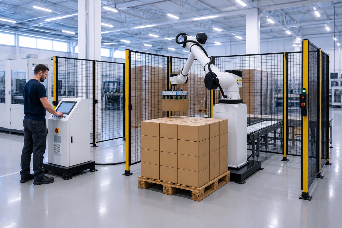 Robot paletyzujący przy przenośniku i kartonach