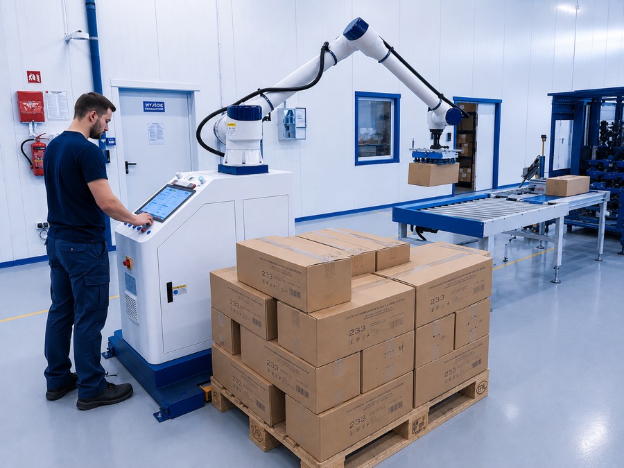 Robot SmartPallet XZ-030 przy palecie z kartonami